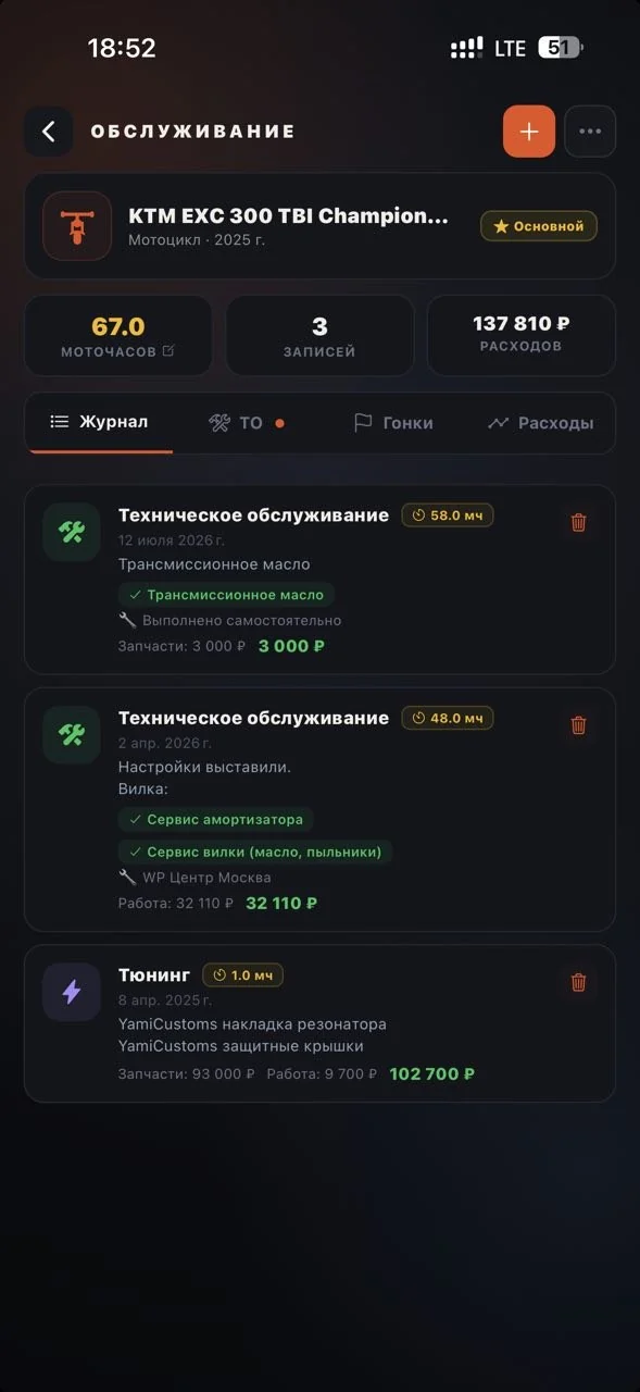 Журнал обслуживания: работы, моточасы и расходы